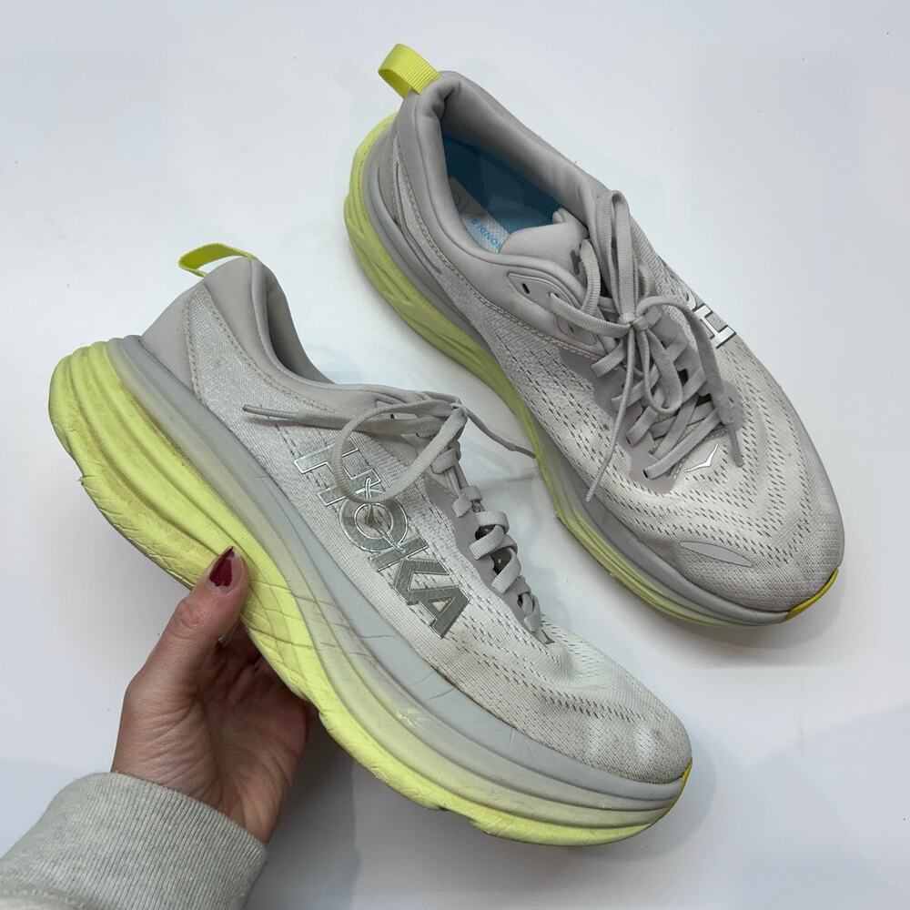 HOKA Bondi 8 Sneaker 10B Nimbus Cloud Gray and Luminary Green